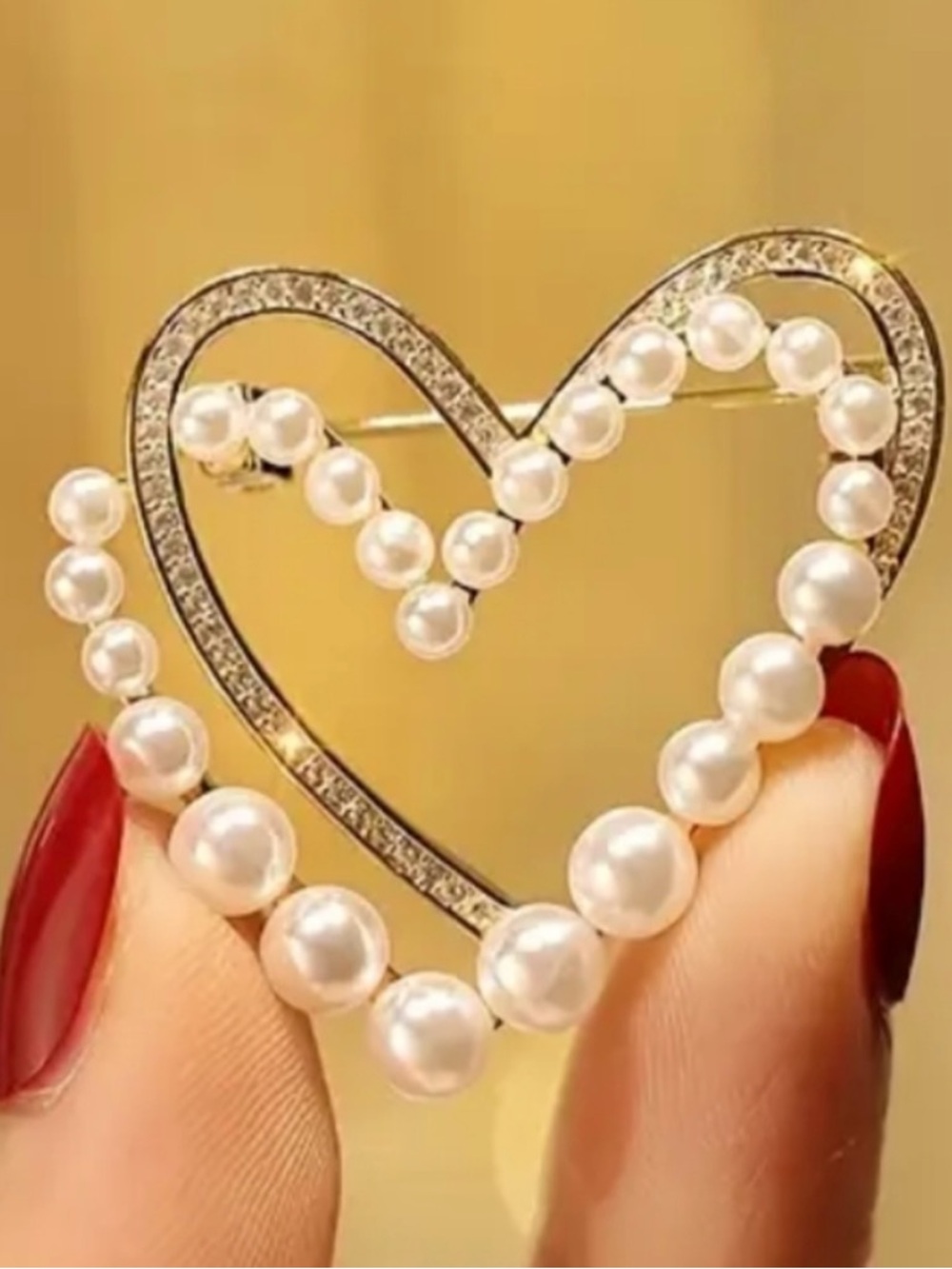 Two Dimensional Gold-Tone Heart Brooch with White Faux Pearls & Rhinestones,NWOT